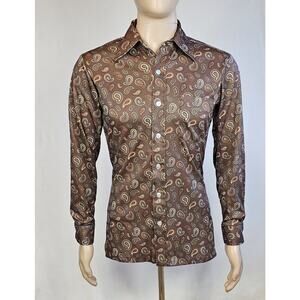 Vintage 70s Wrangler Disco Western Shirt S Paisley Geometric Stretchy Polyester